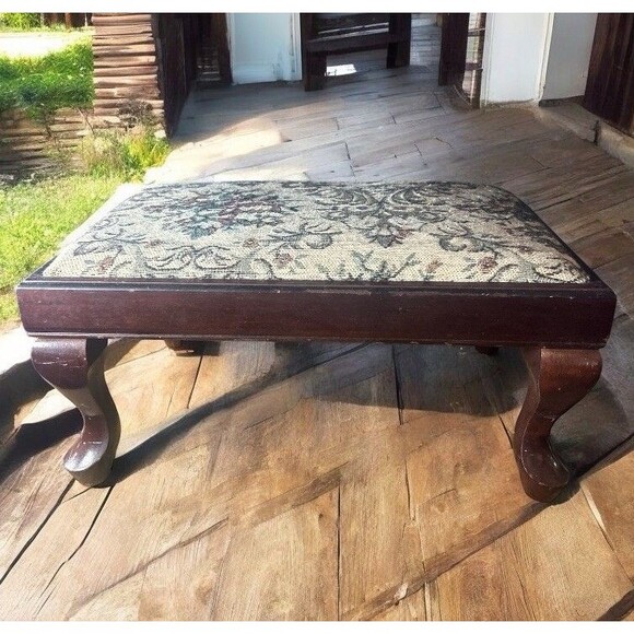 None Other - Upholstered Stool Tapestry Floral Wood Trim Vintage Taiwan Poly Pad READ 17x12x9